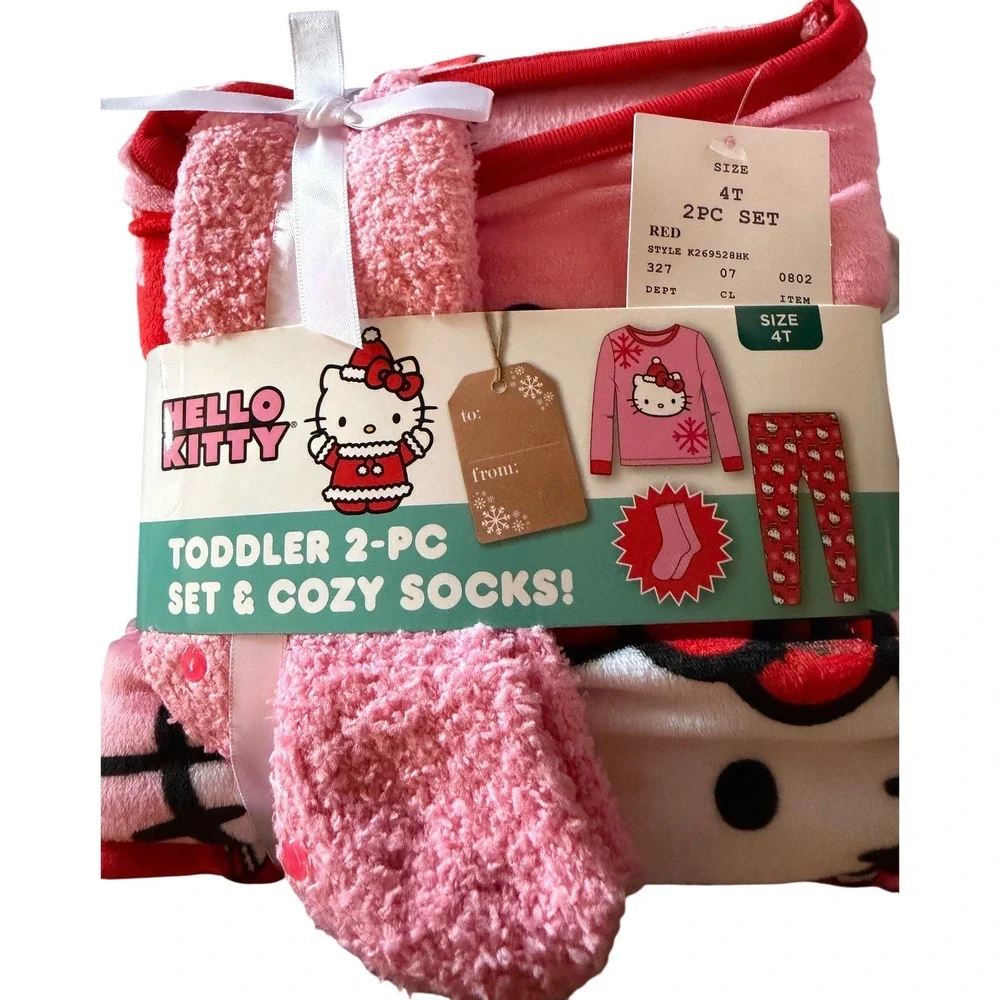 Hello Kitty Toddler Girls 2 Piece Pajama Set Cozy Socks Red‎ Pink Size 4T New